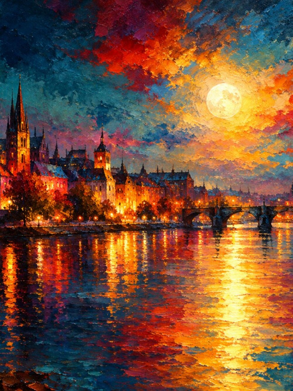 Vibrant Blue & Orange European Cityscape Wall Art Print 36x24